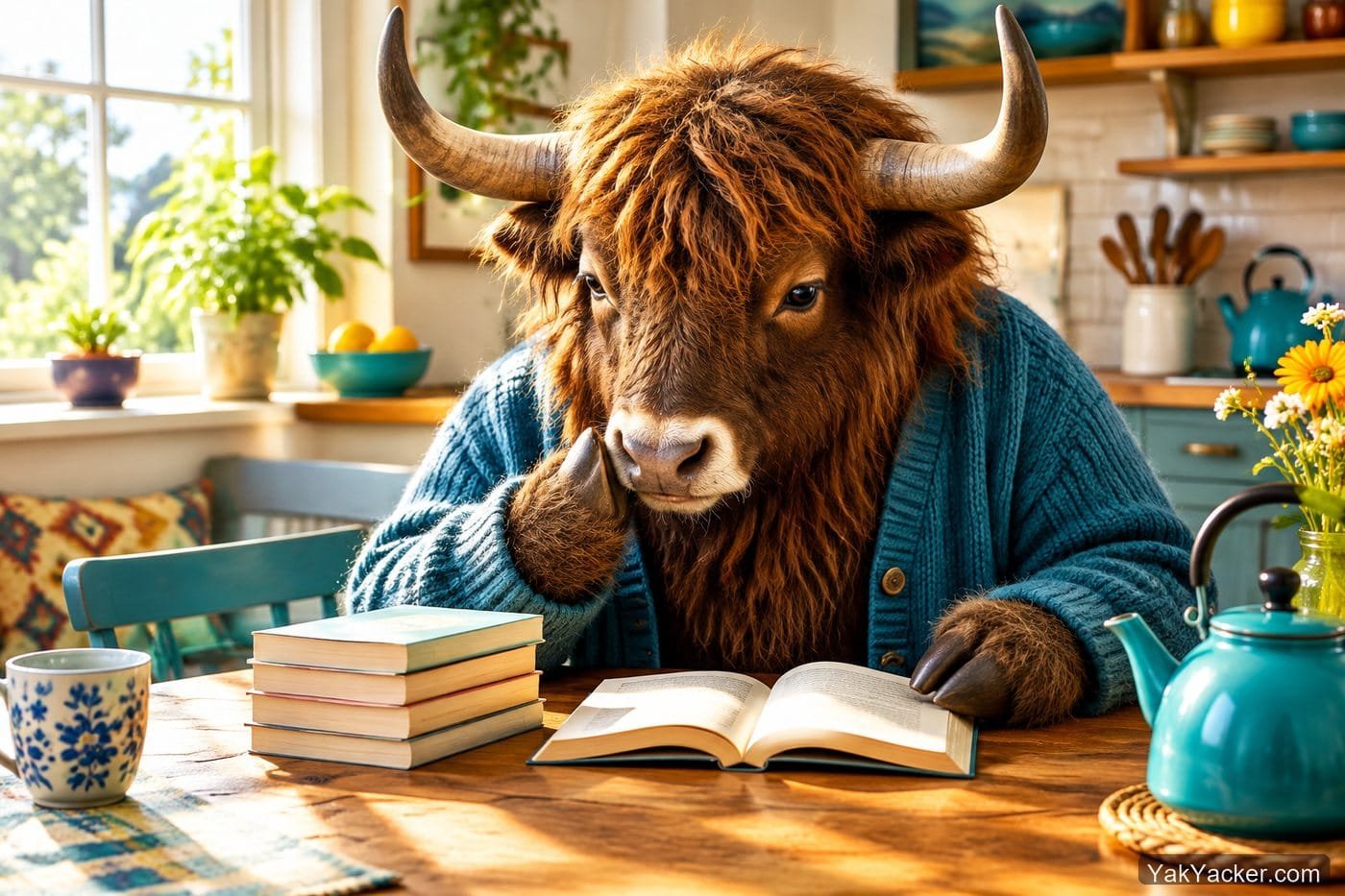 A yak with a thin pile of Traditional Chinese paperbacks, used in a Traditional Chinese graded-readers roundup.