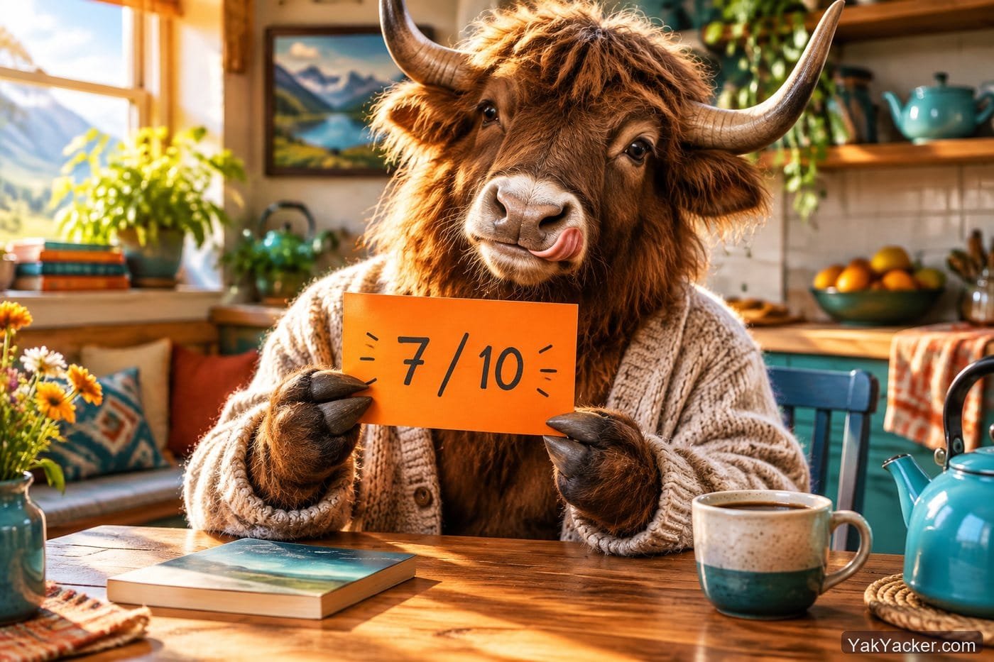A yak holding a 7 out of 10 scorecard after two weeks with Traditional Chinese graded readers.