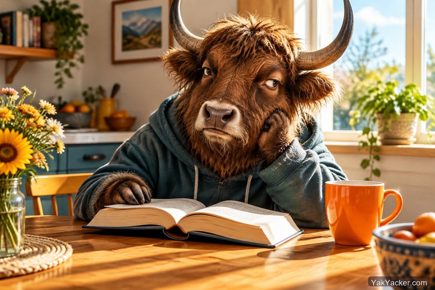 A yak abandoning a book that was too hard, used in a review of Traditional Chinese graded readers.