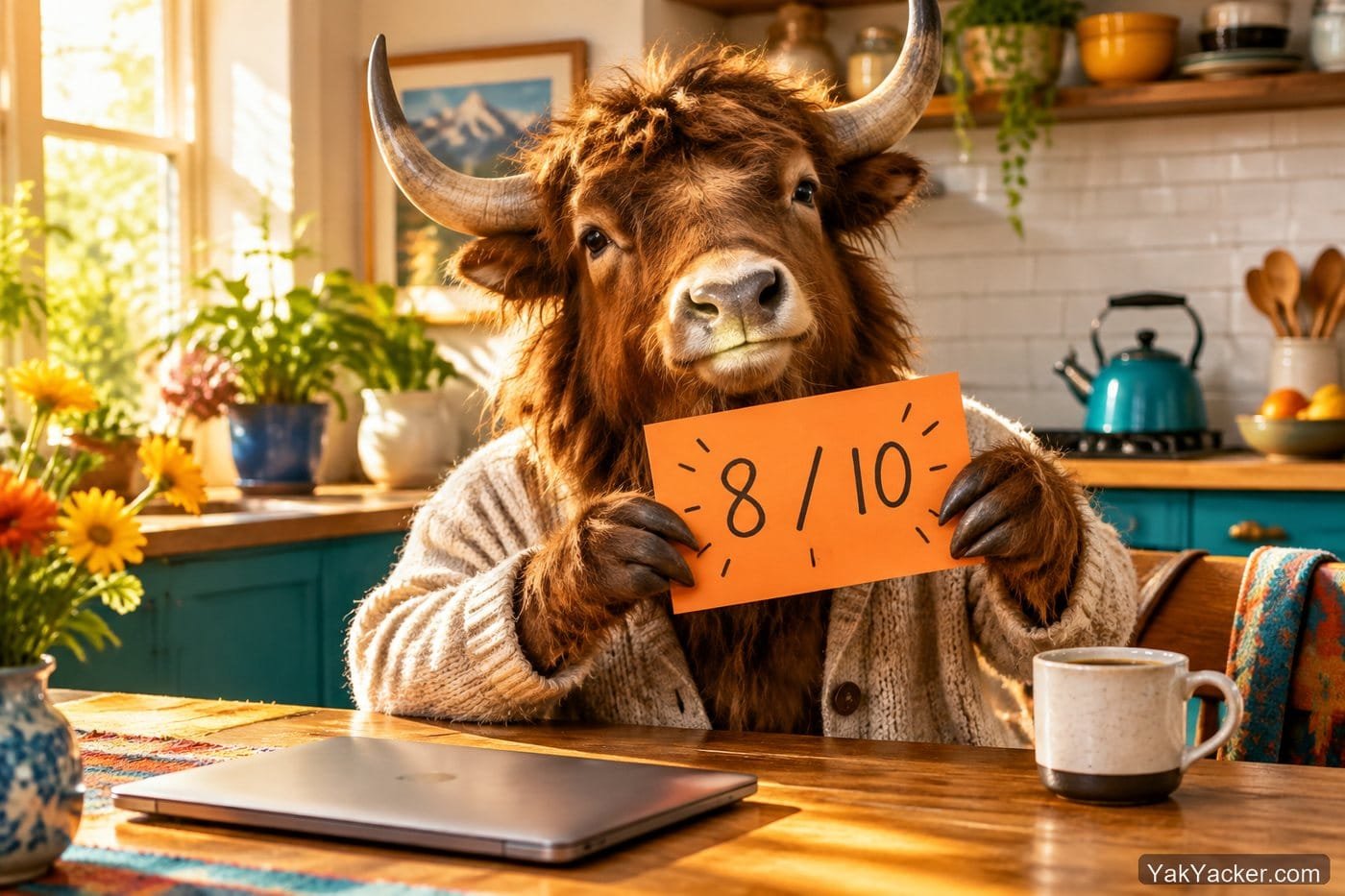 A yak holding an 8 out of 10 scorecard after trial-shopping online language tutors.