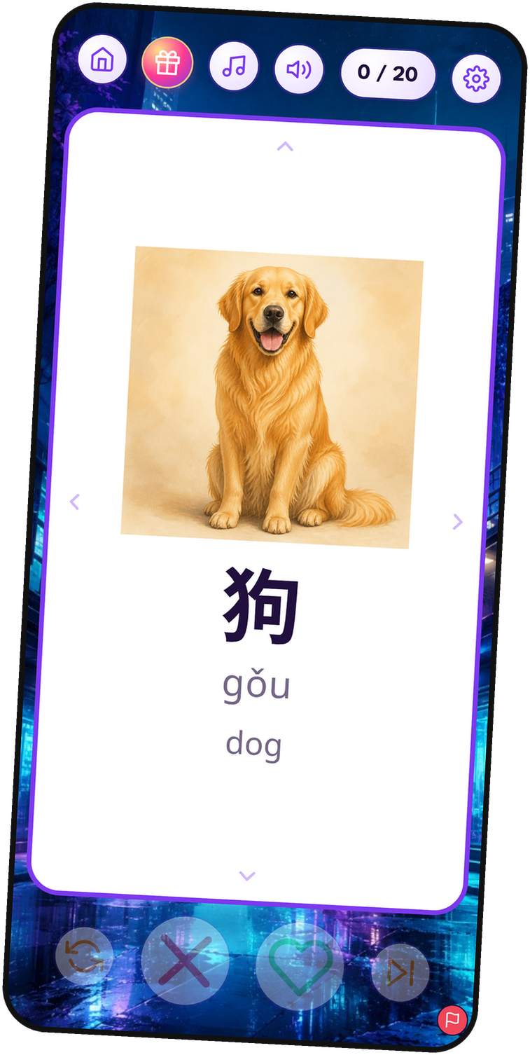 Yak Cards language picker, a 狗 flashcard, and pack picker.