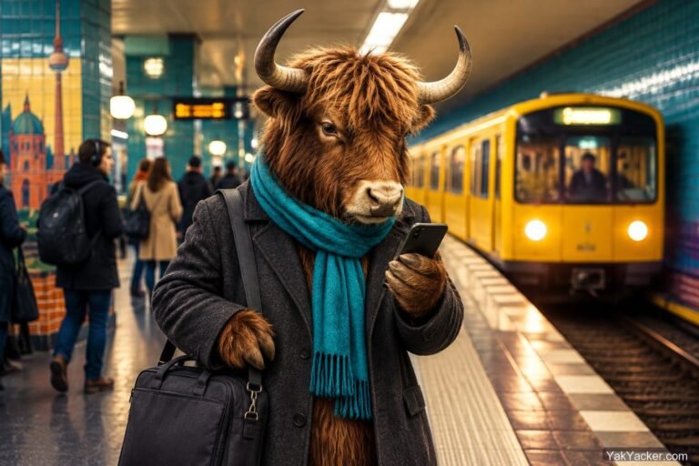 A yak on a Berlin train platform with a phone, header for the German character typing guide