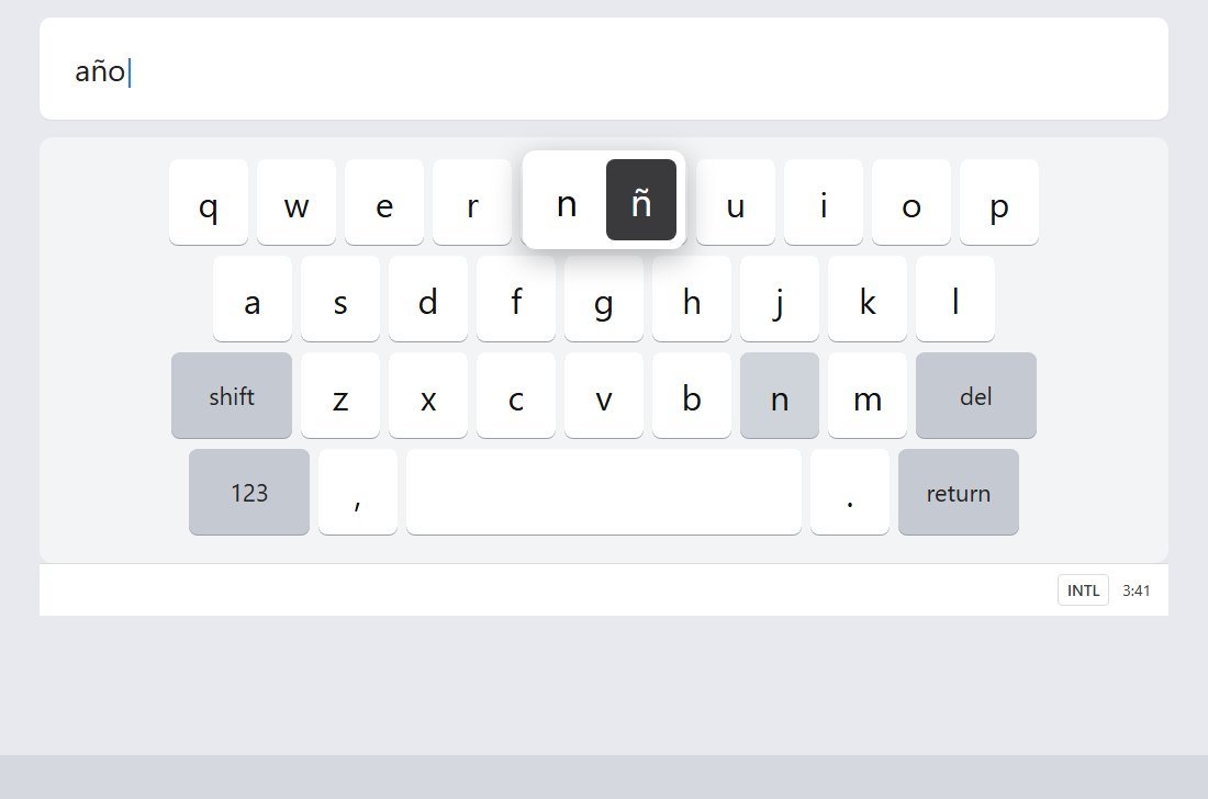 Chromebook keyboard with the hold menu open, ñ selected