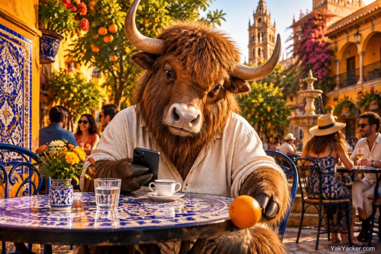 A yak at a tiled courtyard cafe checking a phone, header for the Spanish accent typing guide