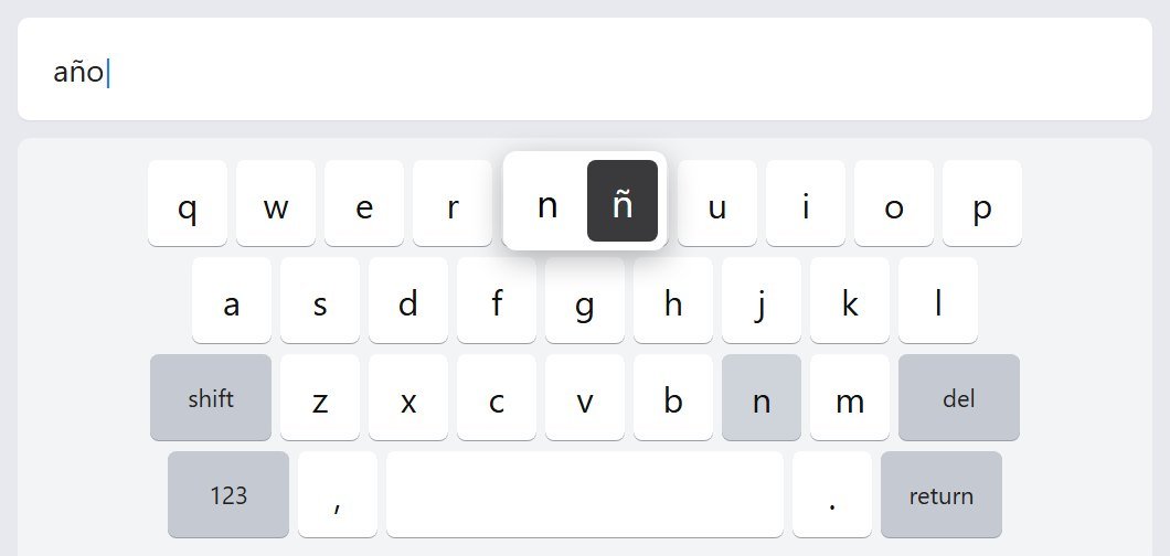 Windows on-screen keyboard with the hold menu open, ñ selected
