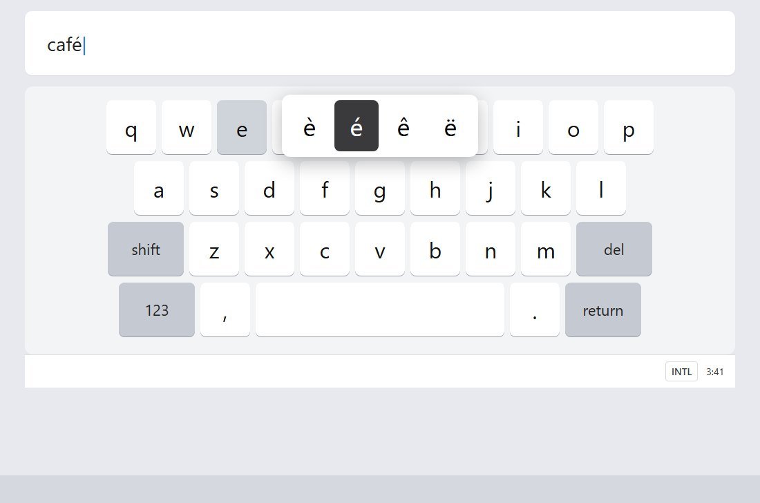 Chromebook keyboard with the hold menu open, é selected