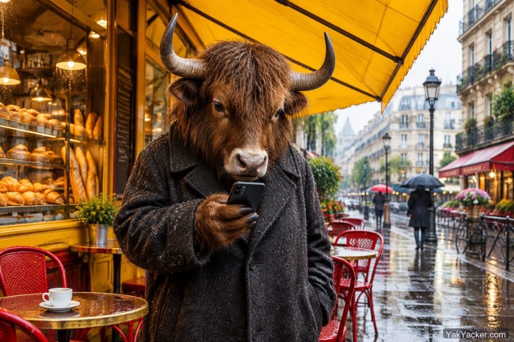 A yak in a rainy Paris side street checking a phone, header for the French accent typing guide