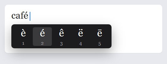 Mac accent menu with numbers, é highlighted, while typing café