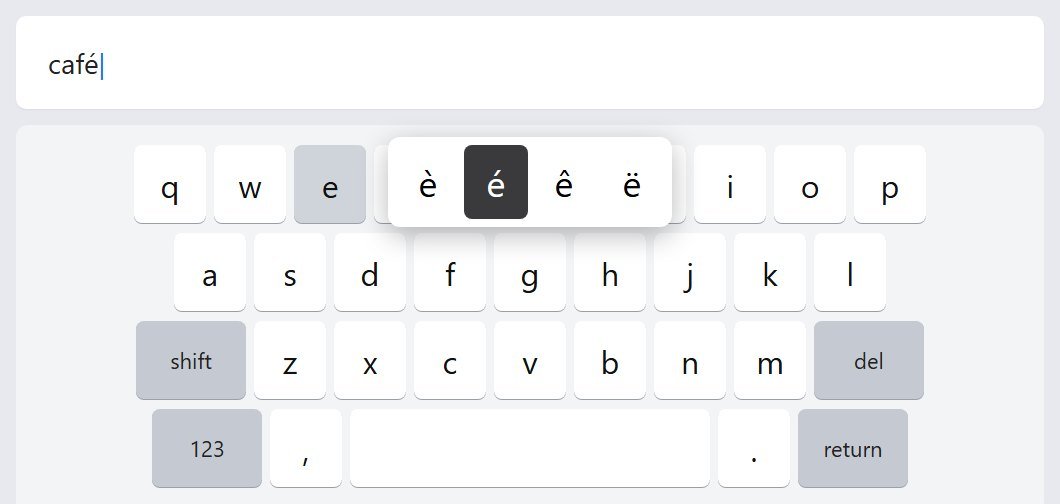 Windows on-screen keyboard with the hold menu open, é selected