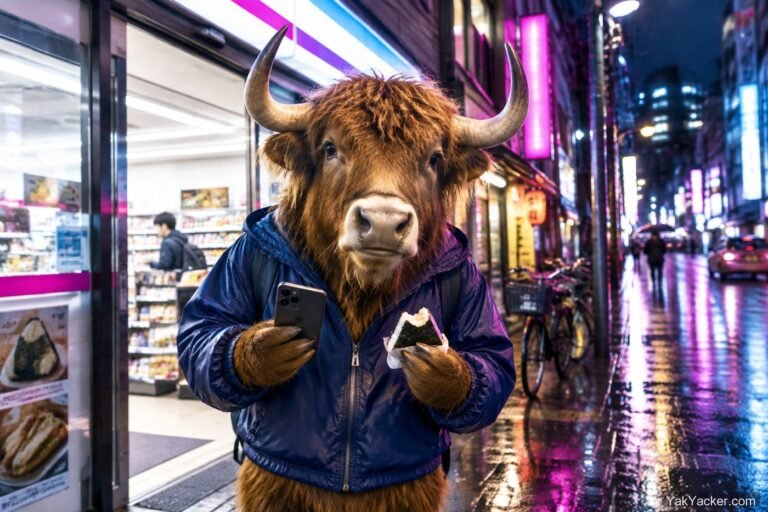A yak outside a Tokyo convenience store at night with a phone, header for the Japanese typing guide