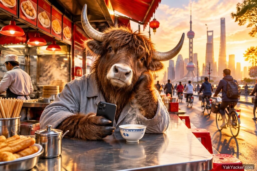 A yak at a Shanghai breakfast stall with a phone, header for the Simplified Chinese typing guide
