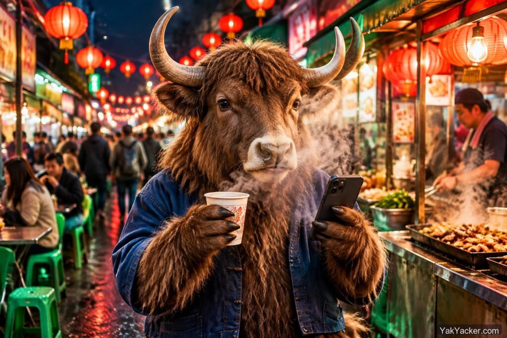A yak at a Taipei night market stall with a phone, header for the Traditional Chinese typing guide