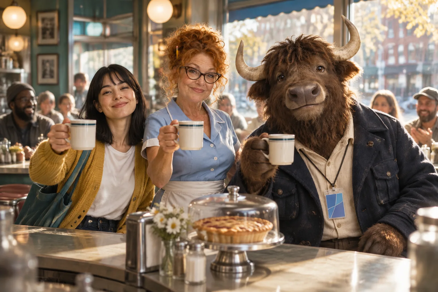Ana, Dee and Murray the yak raise coffee mugs together at the Blue Plate diner in warm morning light, with a few regulars behind them.