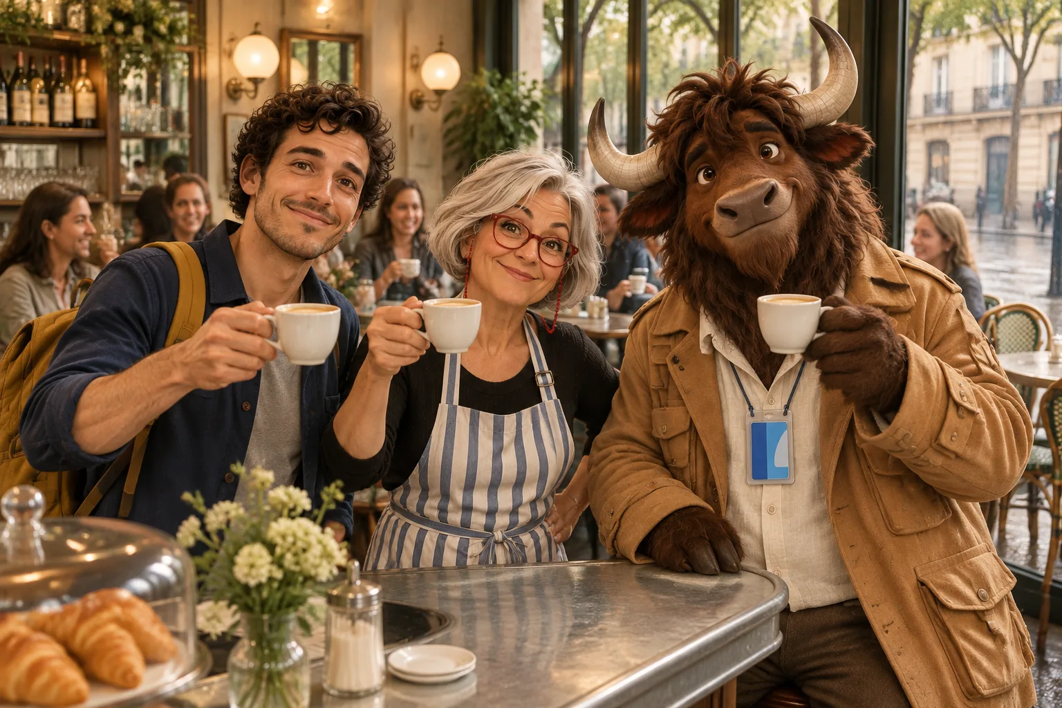 Sam, Odile and Gaspard the yak raise cups of café crème together at Café des Tilleuls in warm morning light, with a few regulars behind them.