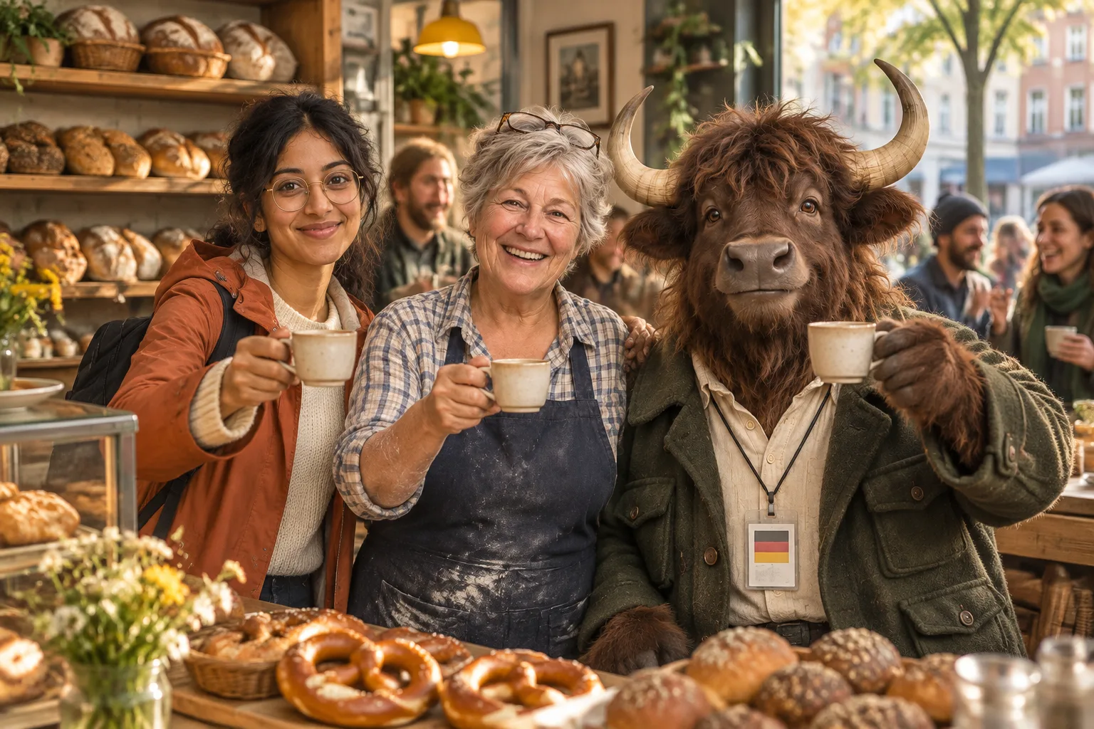 Priya, Renate and Anton the yak raise cups of coffee together at Bäckerei Krause in warm morning light, with a few neighbours behind them.