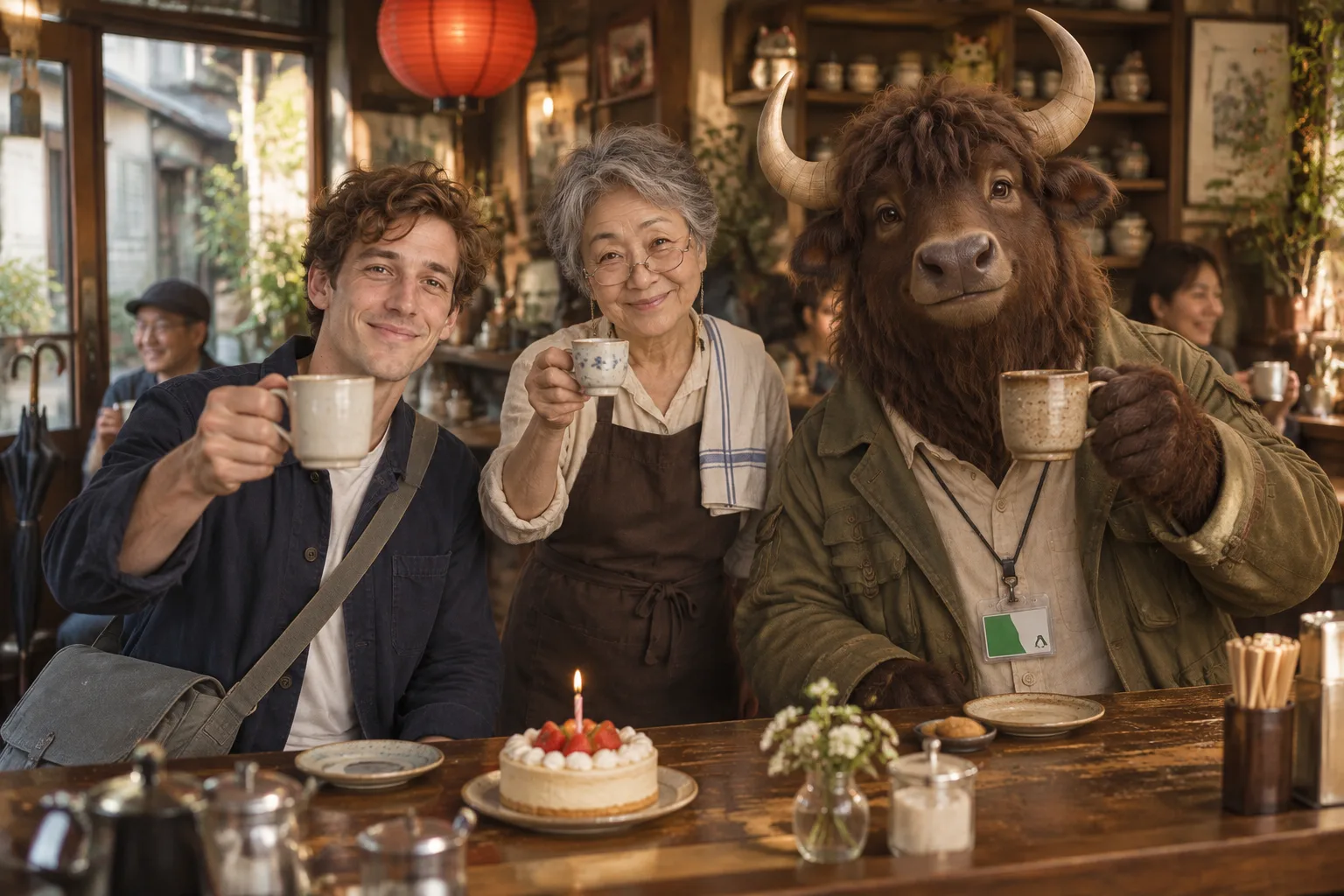 Leo, Masako and Goro the yak raise cups together at Kissa Hotaru in warm light, with a few regulars behind them.