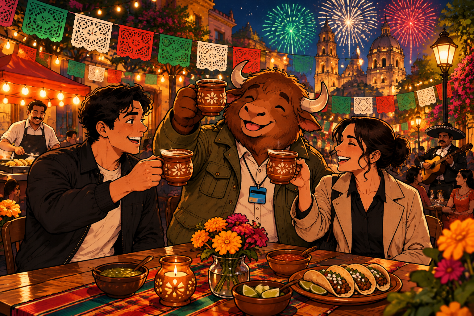 Yako, Justin and Amanda raise cups of café de olla under papel picado and fireworks on Mexican Independence Day night.