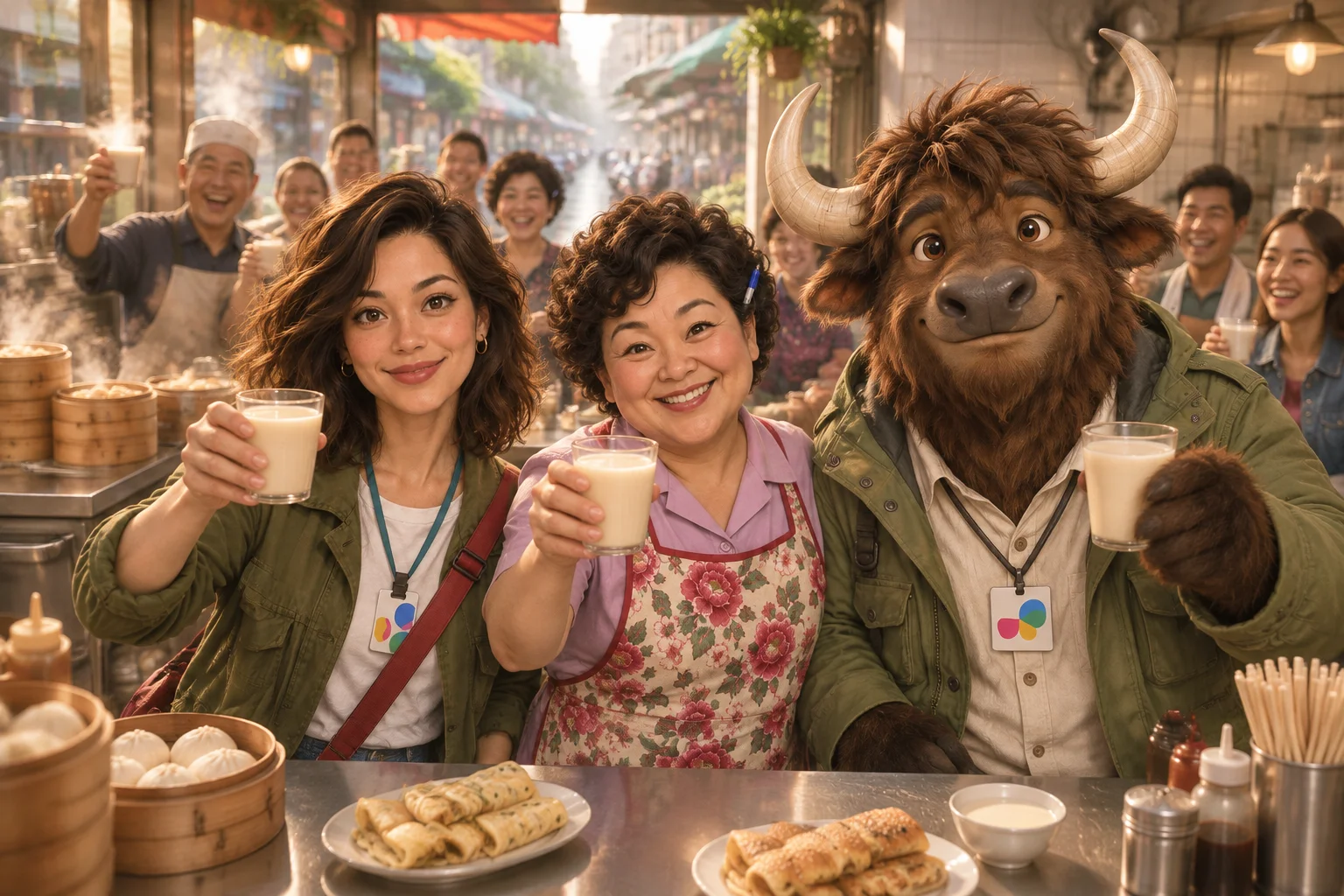 Maya, Auntie Lin and A-Li the yak raise cups of soy milk together at Banyan Breakfast in warm morning light, with a few friends behind them.