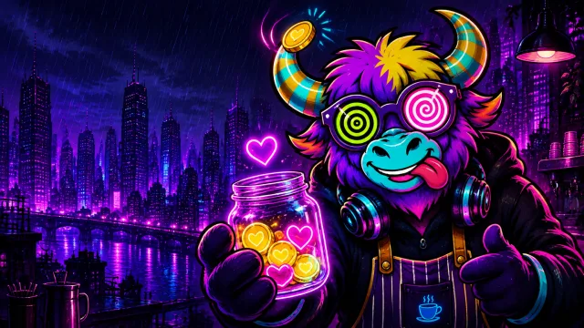 The Yak Yacker mascot as a barista holding out a tip jar