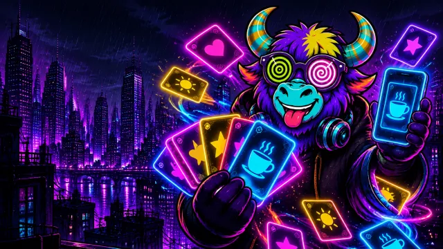 The Yak Yacker mascot doing a card trick with glowing flashcards and a phone