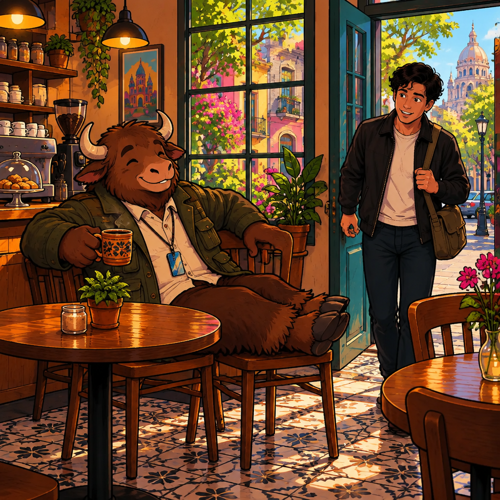 Yako is sprawled across two café chairs by the sunny window while Justin walks in from the street.