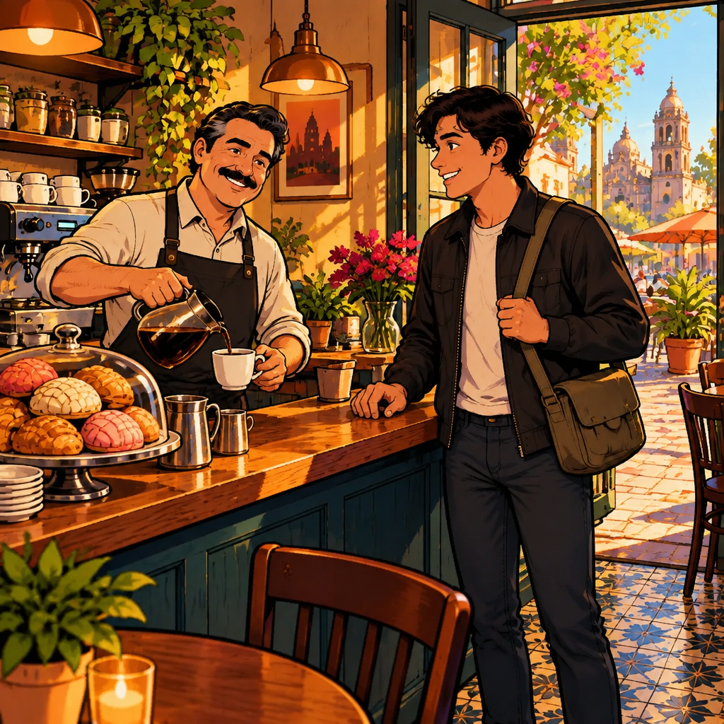 Morning at the counter: Michael greets Justin with buenos días over the first coffees.