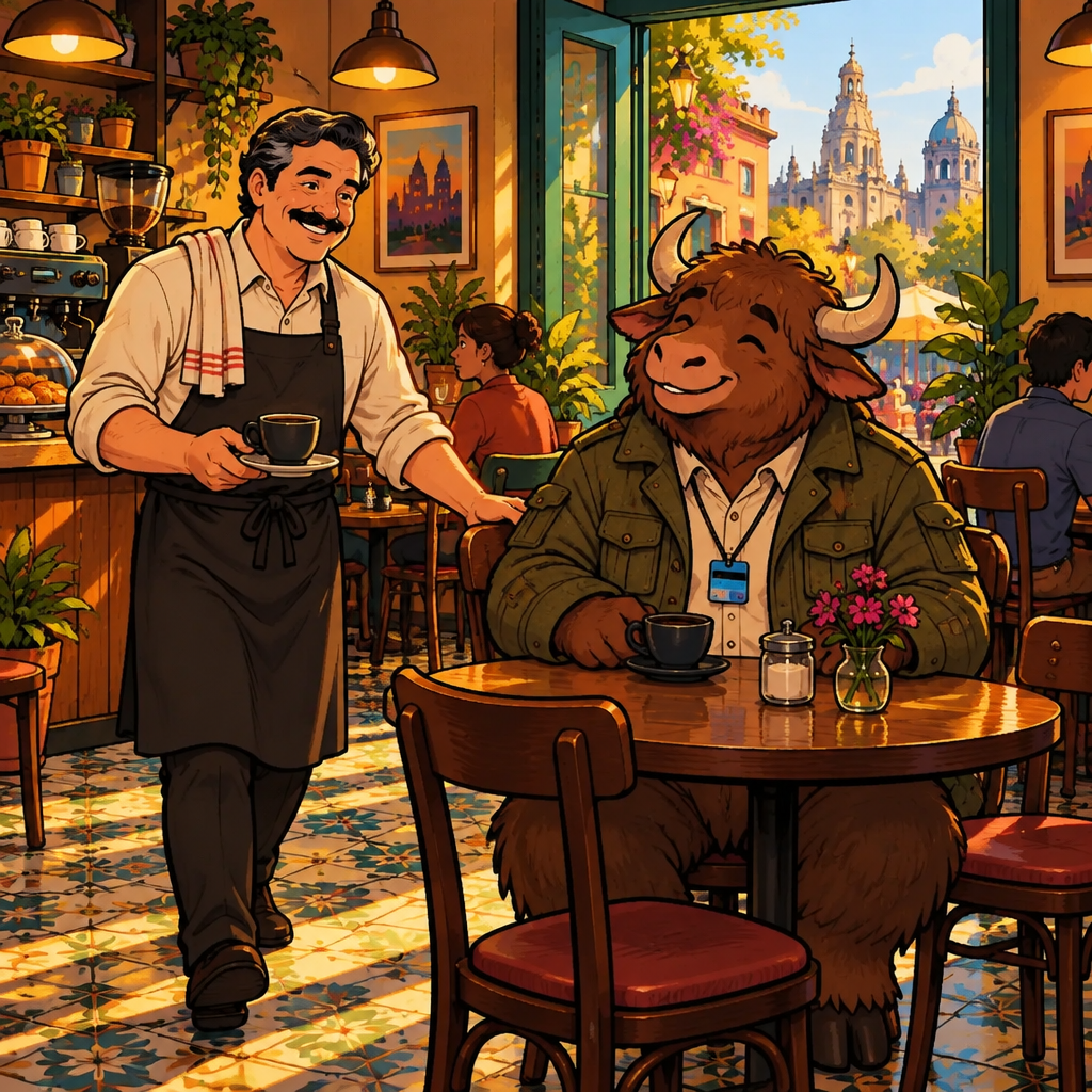 Afternoon: Michael comes out from the counter and says buenas tardes to Yako.
