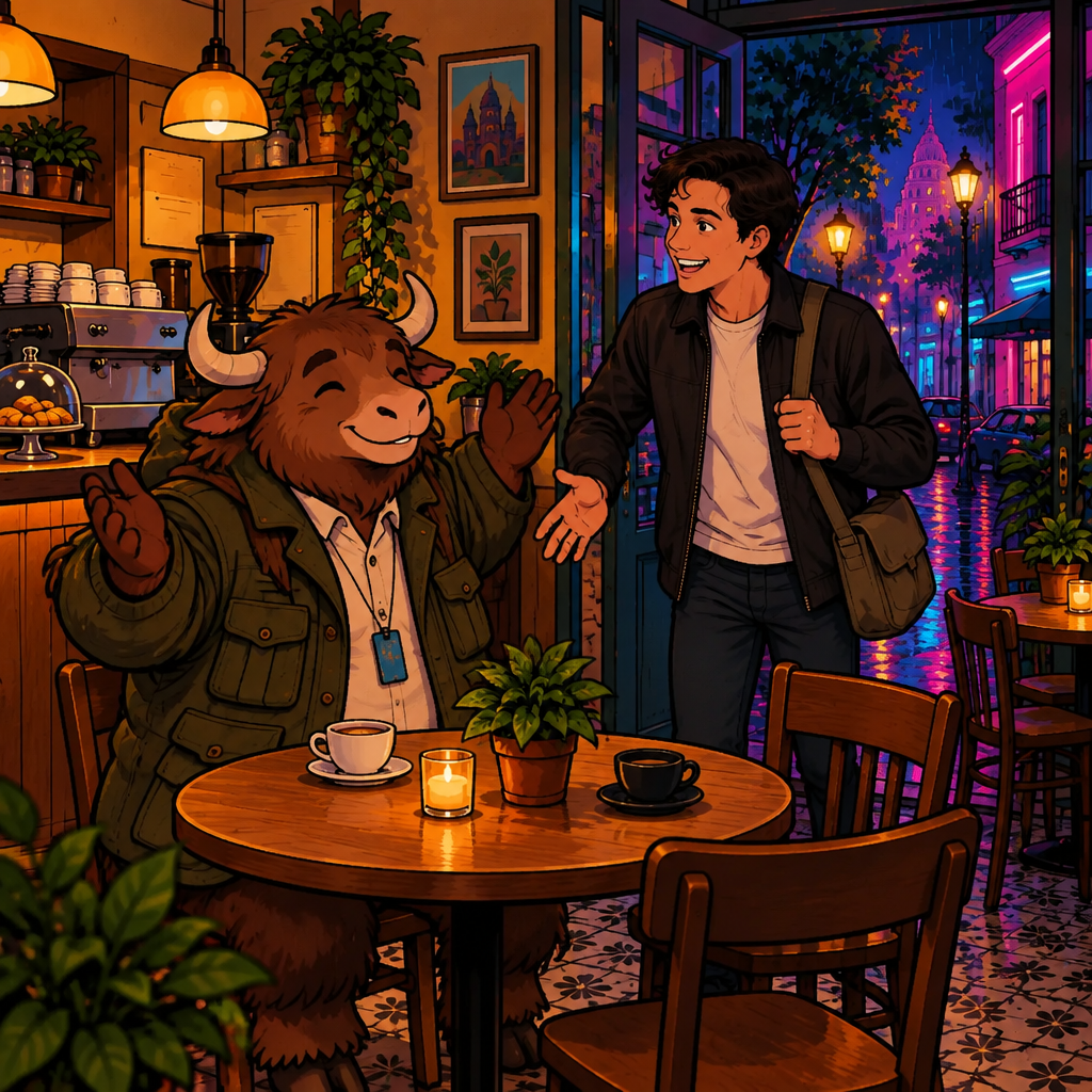 Evening: Justin comes back in and says buenas noches to Yako, who is still on his two chairs.