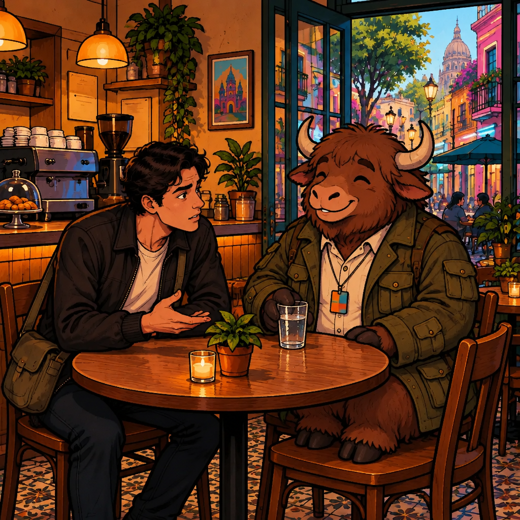 ¿Está bien?: The glass sits right by Yako's hoof, and Justin looks at Yako, checking it's okay.