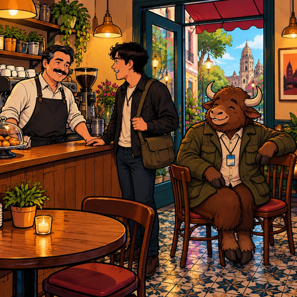 At the counter, still not a meal: Justin wants water, Yako watches from two chairs.