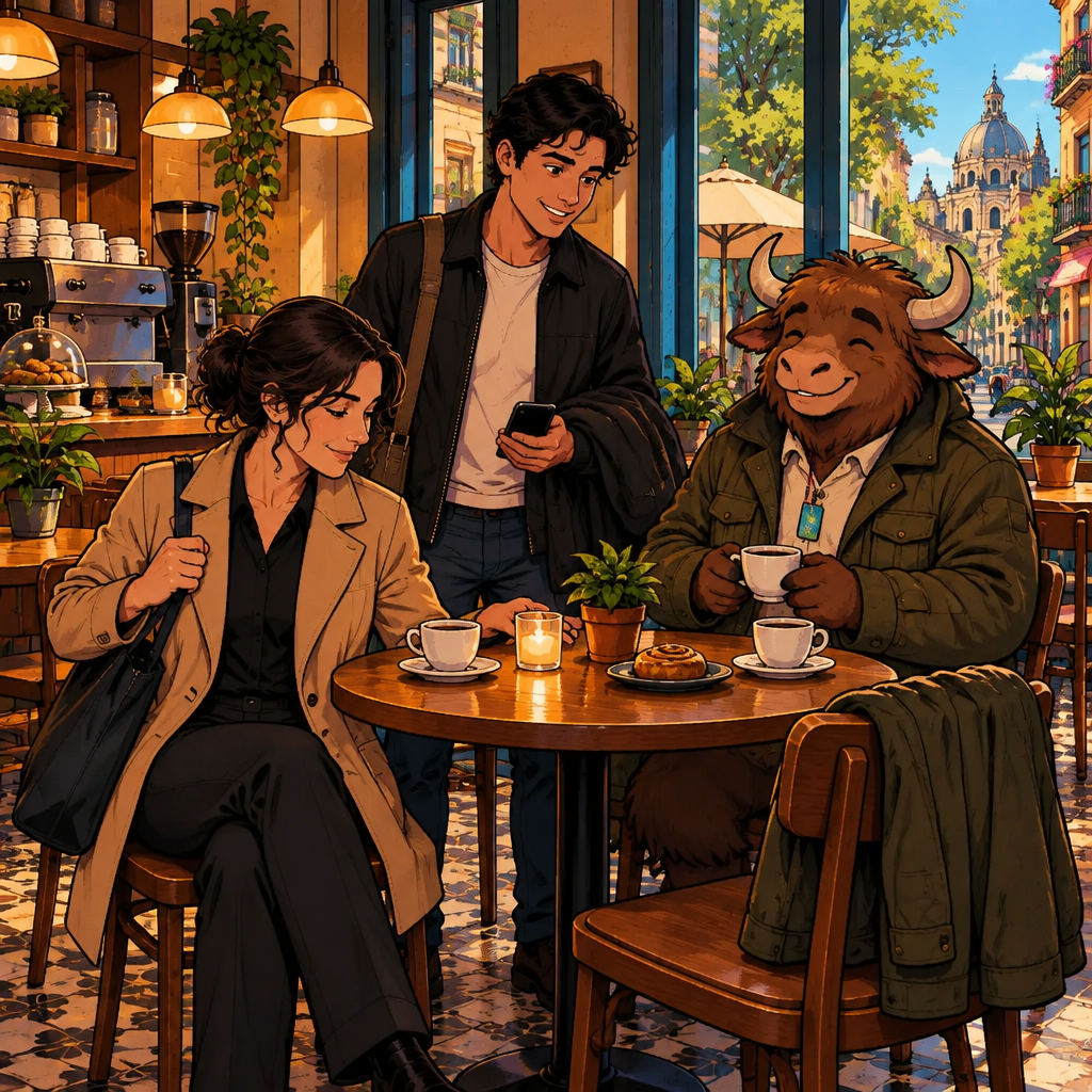 A second jacket is on an empty chair. Yako's coat is already full of pockets.