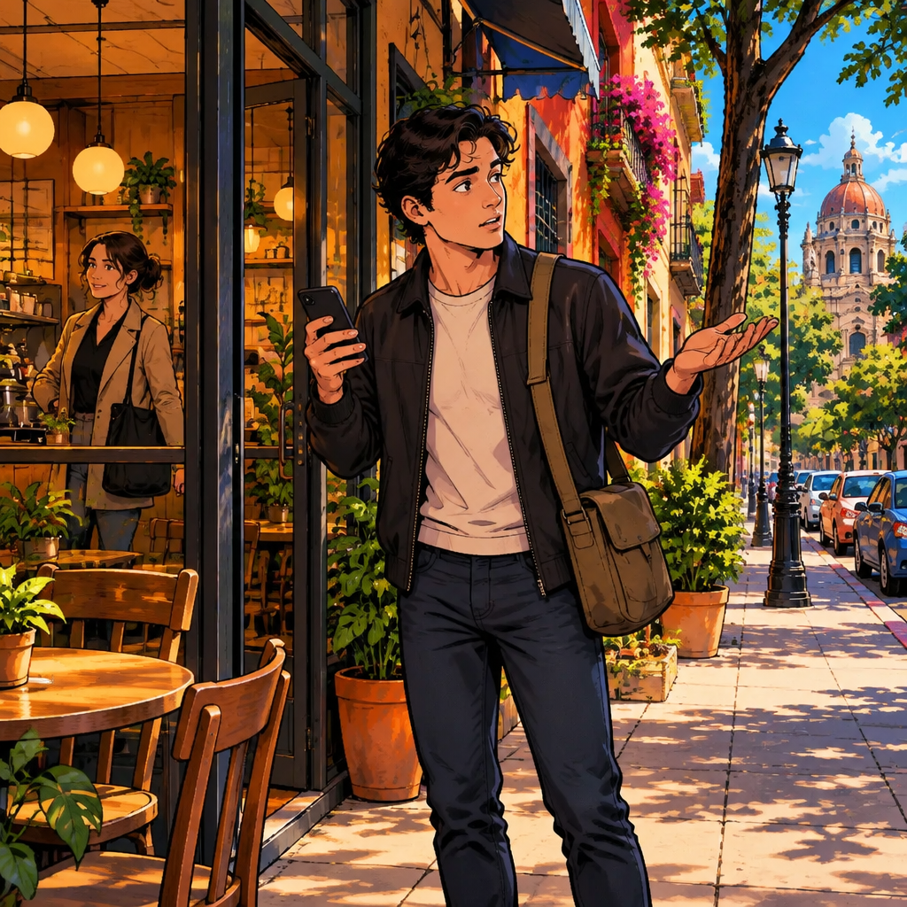 ¿Dónde está?: Justin asks where the café is.