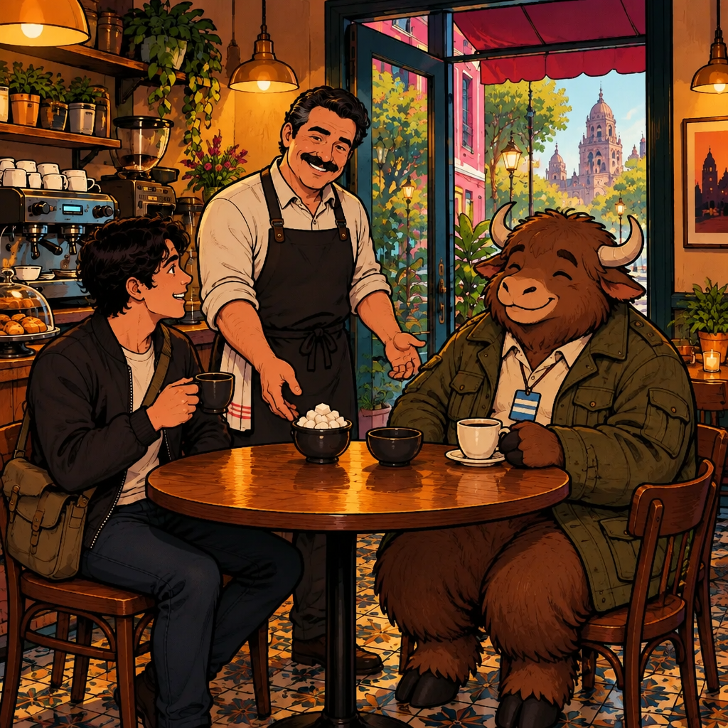 Michael asks the next questions at the Café Laurel table, with a full sugar bowl and an empty bowl between them.