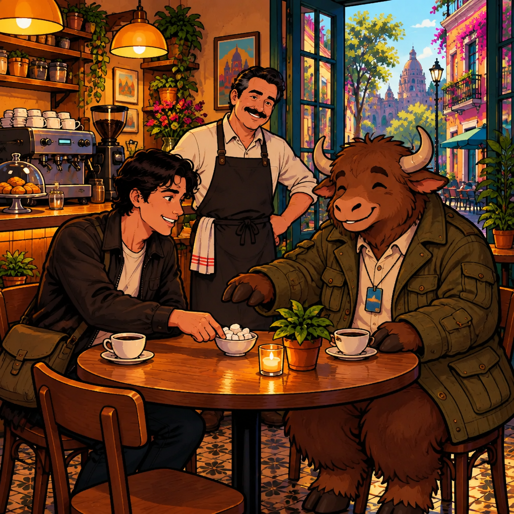 Sí, puedo: Justin slides the sugar bowl across the table to Yako and nods.