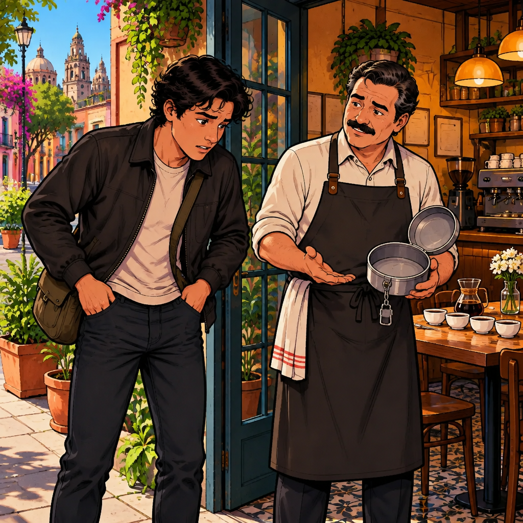 Justin searches his pockets at the café entrance while Michael holds an open, empty recipe tin with a broken latch.