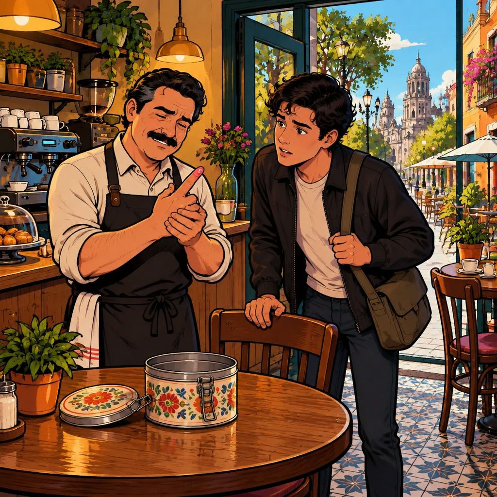 Michael winces and cradles a sore finger beside the recipe tin’s broken latch while Justin looks concerned.