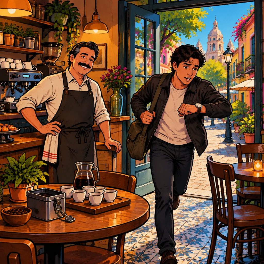 Justin hurries through the café doorway while checking his wristwatch as Michael waits beside the prepared tasting table.