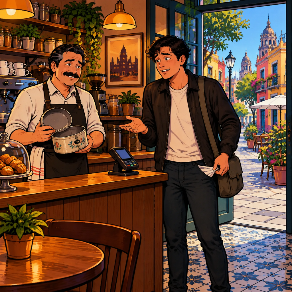 Justin gestures apologetically toward his empty pockets and a waiting payment terminal while Michael watches.