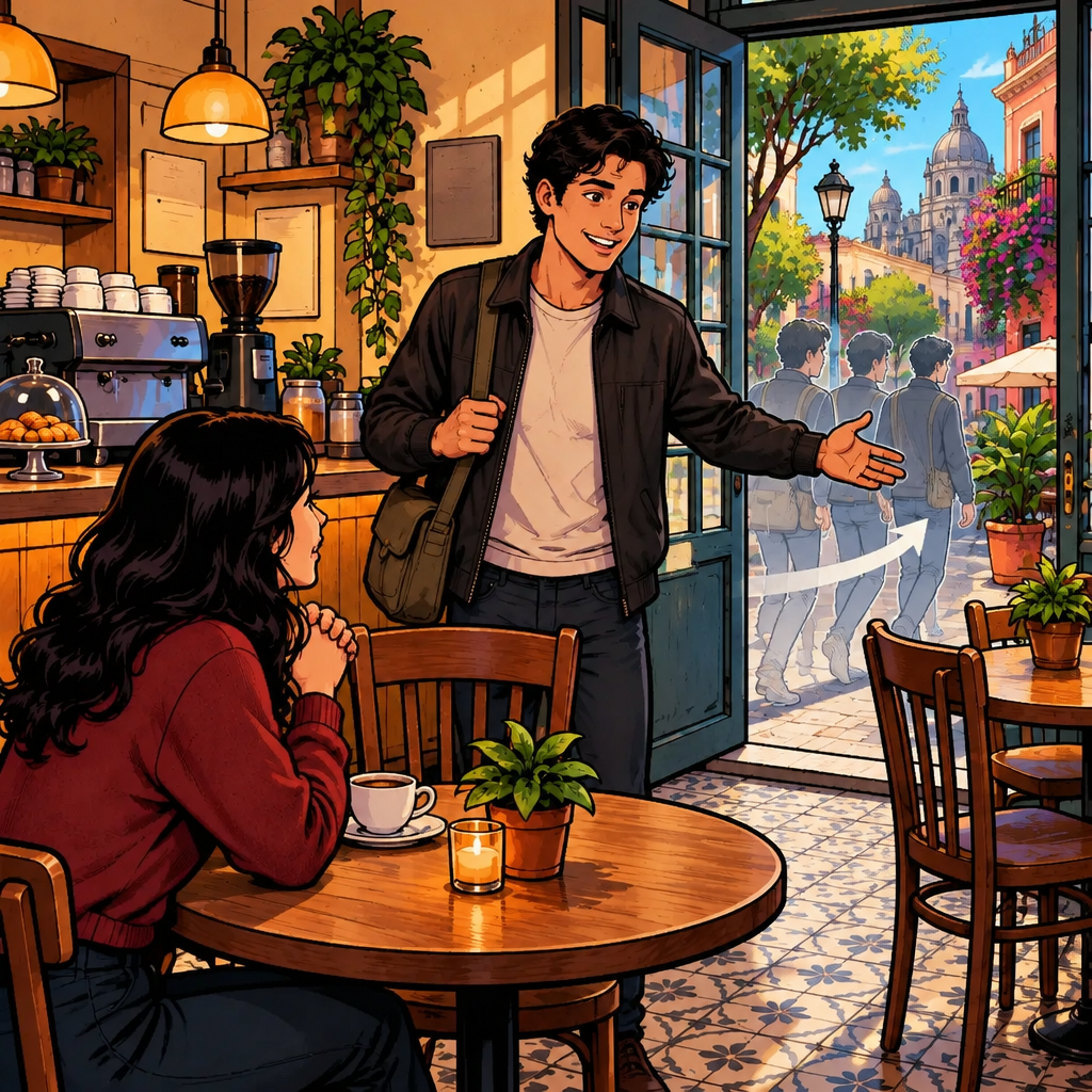 Justin asks what happened next, using a sweeping forward gesture toward the café doorway.