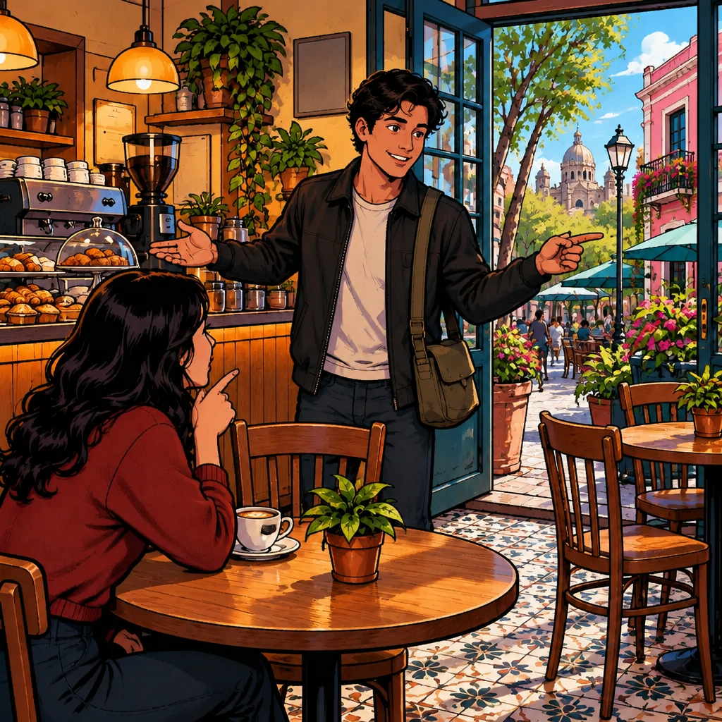 Justin asks where the event happened while indicating several possible places around the café.