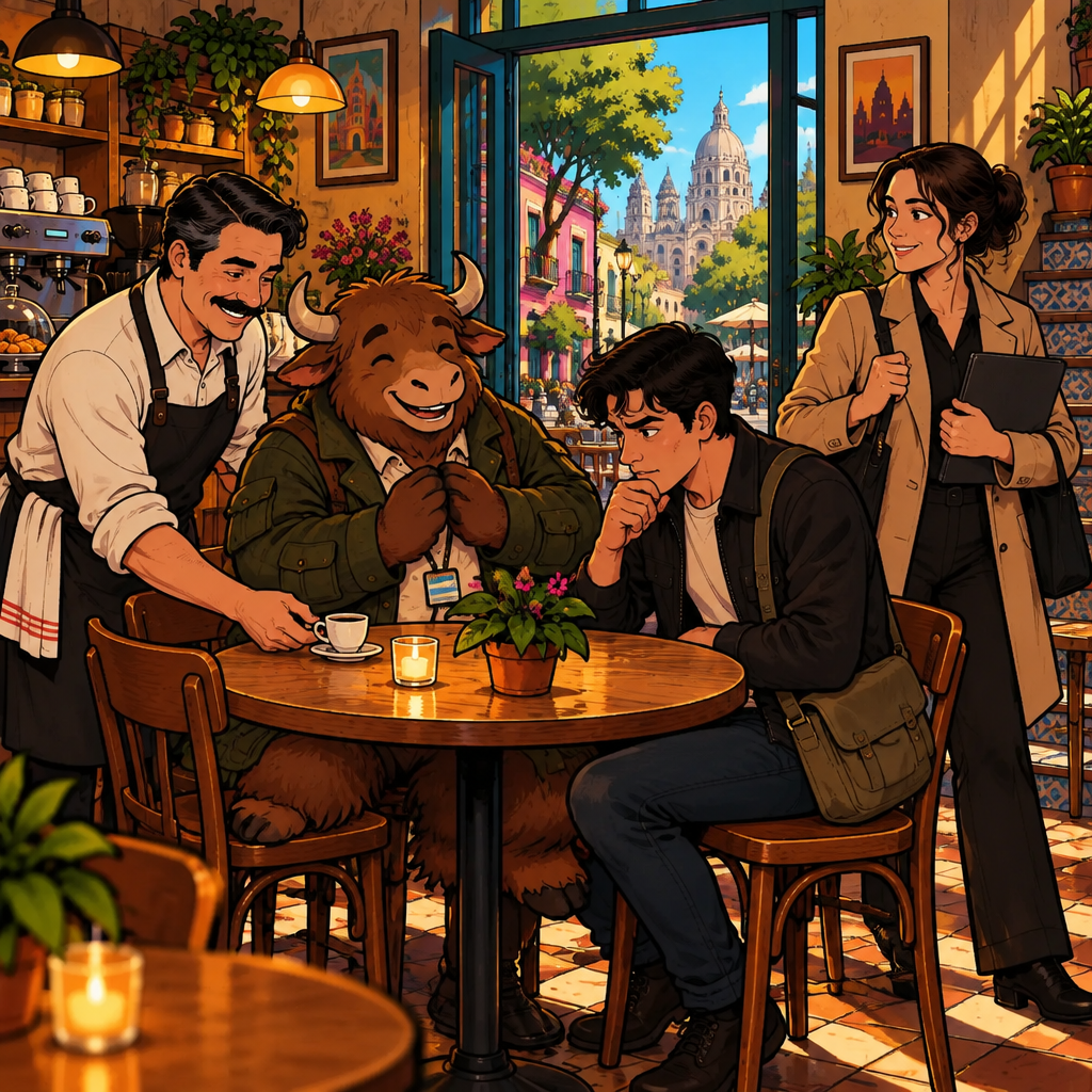 At Café Laurel, Michael presents a sample coffee while Yako looks delighted, Justin studies it unconvinced, and Amanda pauses at the table before going upstairs to work.