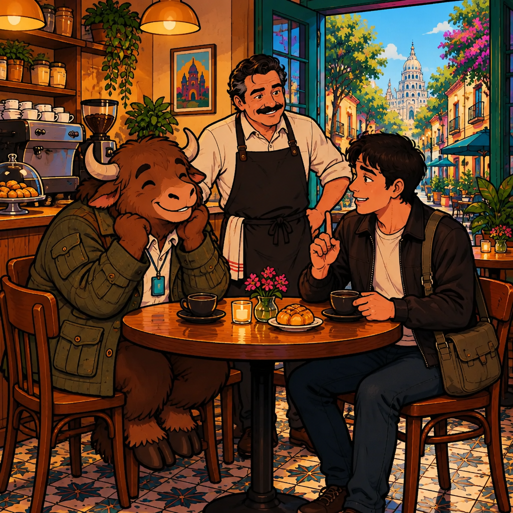 Justin is the clear speaker, cautiously raising one finger while looking at the sample coffee as Yako remains enthusiastic and Michael listens.