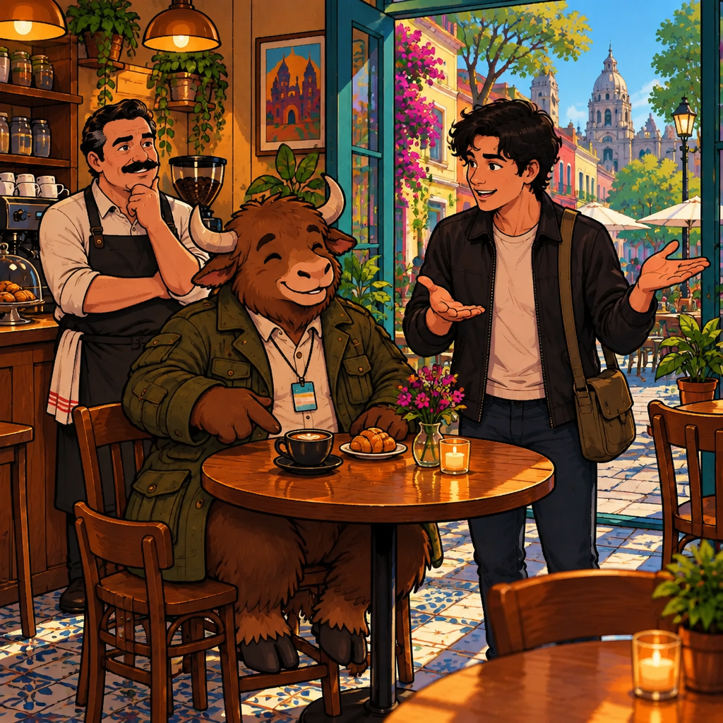 Justin is the clear speaker, making a contrasting gesture with both hands while Yako points proudly toward the coffee and Michael watches.