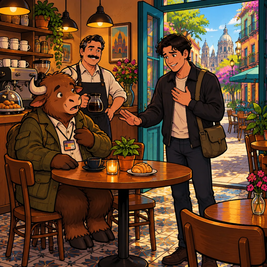 Justin is the clear speaker, touching his chest with one hand and extending the other in a polite refusal while Yako looks surprised.