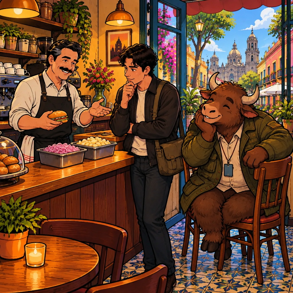 Michael stands behind the Café Laurel counter holding a sandwich, Justin stands facing him deciding between two open containers of onions and cheese, and Yako listens from his two chairs.