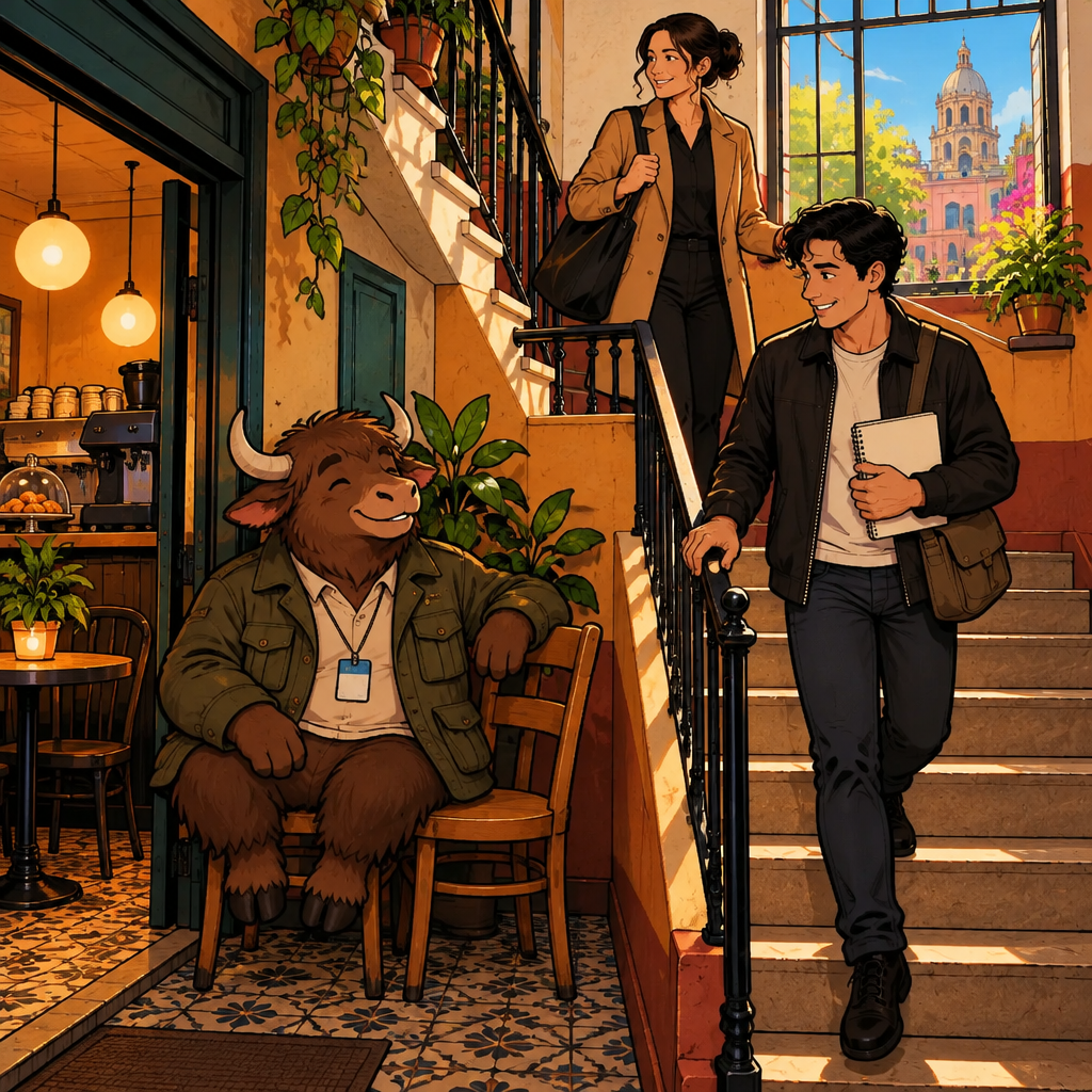 Amanda pauses on an apartment stair landing while Justin carries a notebook downstairs, and Yako listens near the café door below.