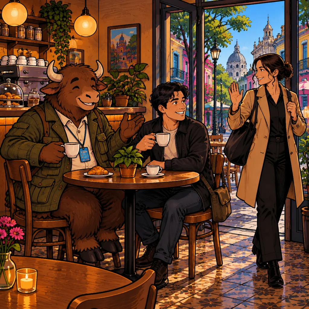 At Café Laurel, Amanda heads out toward work while Justin and Yako compare daily habits at a table by the window.