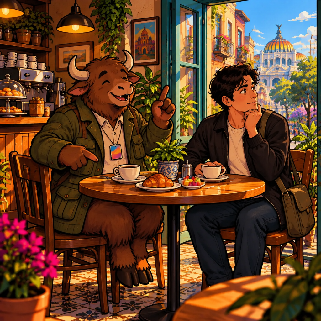Yako asks Justin when he usually does a daily activity, using a questioning gesture toward the morning items on the table.