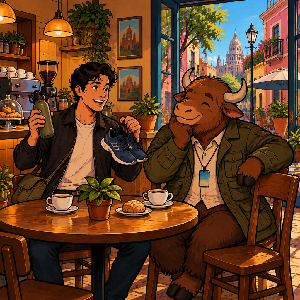 Justin tells Yako that he recently started a new morning activity, illustrating the new habit with an enthusiastic gesture.