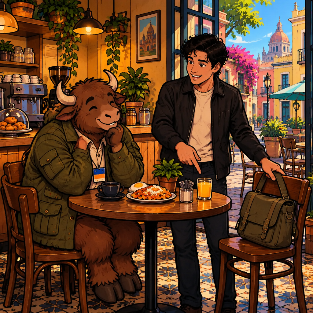 Justin describes his morning order by pointing first to breakfast and then to his packed work bag, while Yako follows the sequence.